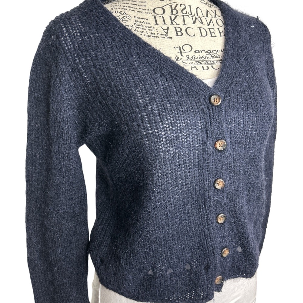 Brandy Melville Navy Blue V-Neck Mohair Wool Knit Cardigan Sweater Size Small S